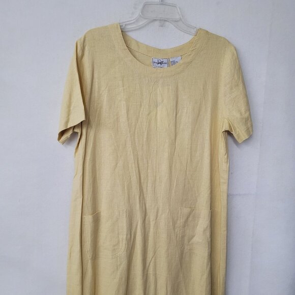 Studio Ease Dress Womens 14 Linen Rayon Short Sleeve Maxi Pockets Side Buttons - Picture 2 of 13